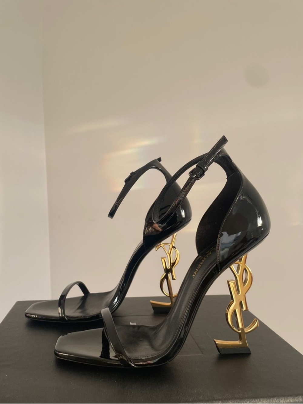 Saint Laurent Black Patent Tribute Sandals with Gold YSL Heel